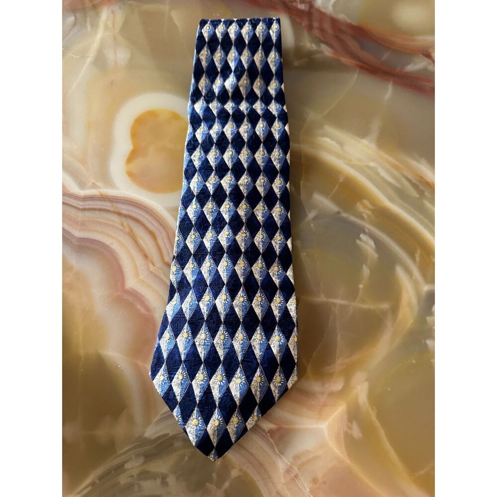 Ermenegildo Zegna 100% Silk Tie Navy Blue Gold Diamond Pattern Made in Italy